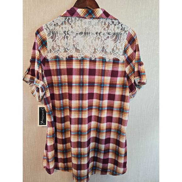 Womens Plus Size Plaid Button-Up Shirt Lace Back Size 2X Pockets - Picture 3 of 15